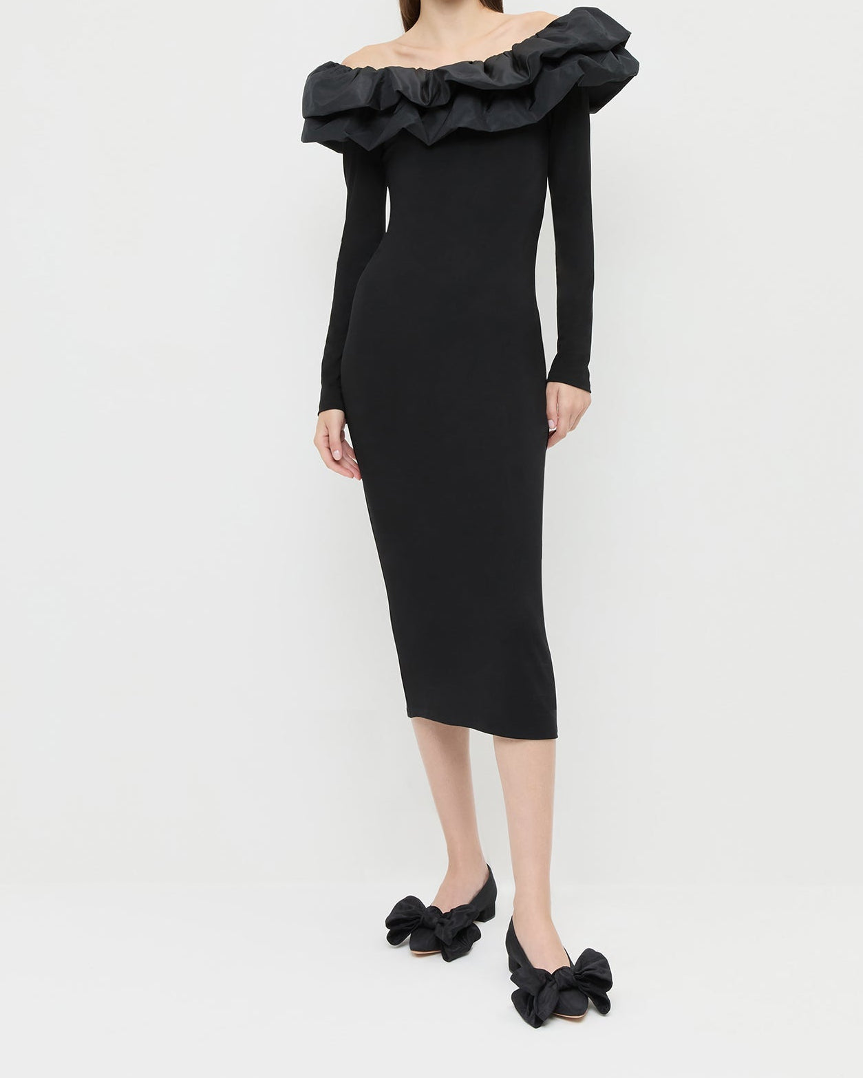 Suki Dress in black jersey fabric and Noa Black Moire Bow Flat.