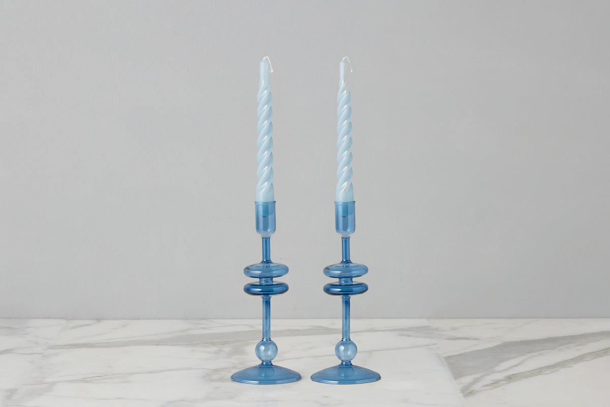 Glass Candlestick | Sapphire | Small | Set of 2