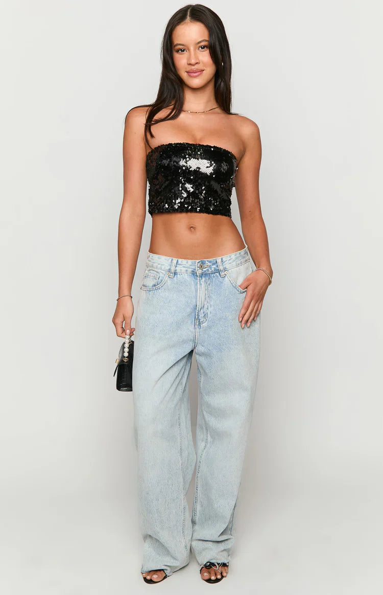 Sass Sequin Strapless Crop Top | Black