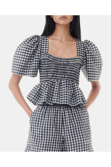 Seersucker Check Open neck Smock Blouse | Egret