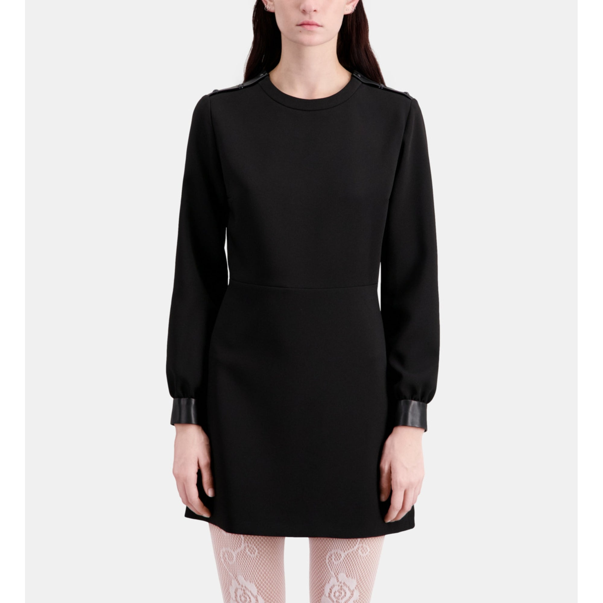 Short Crepe Dress With Leather Details | Women | Black