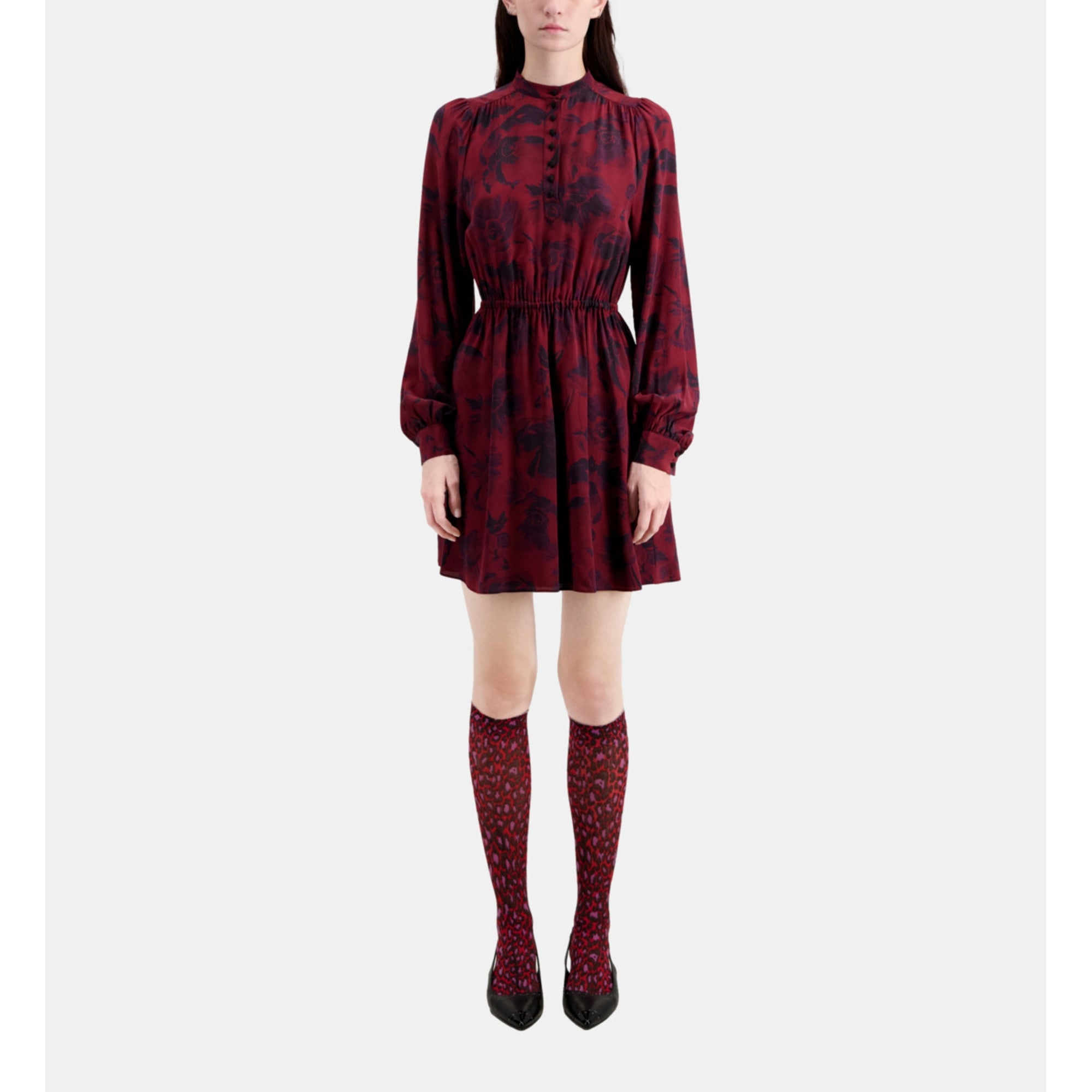 Short Printed Dress | Women | Black x Burgundy