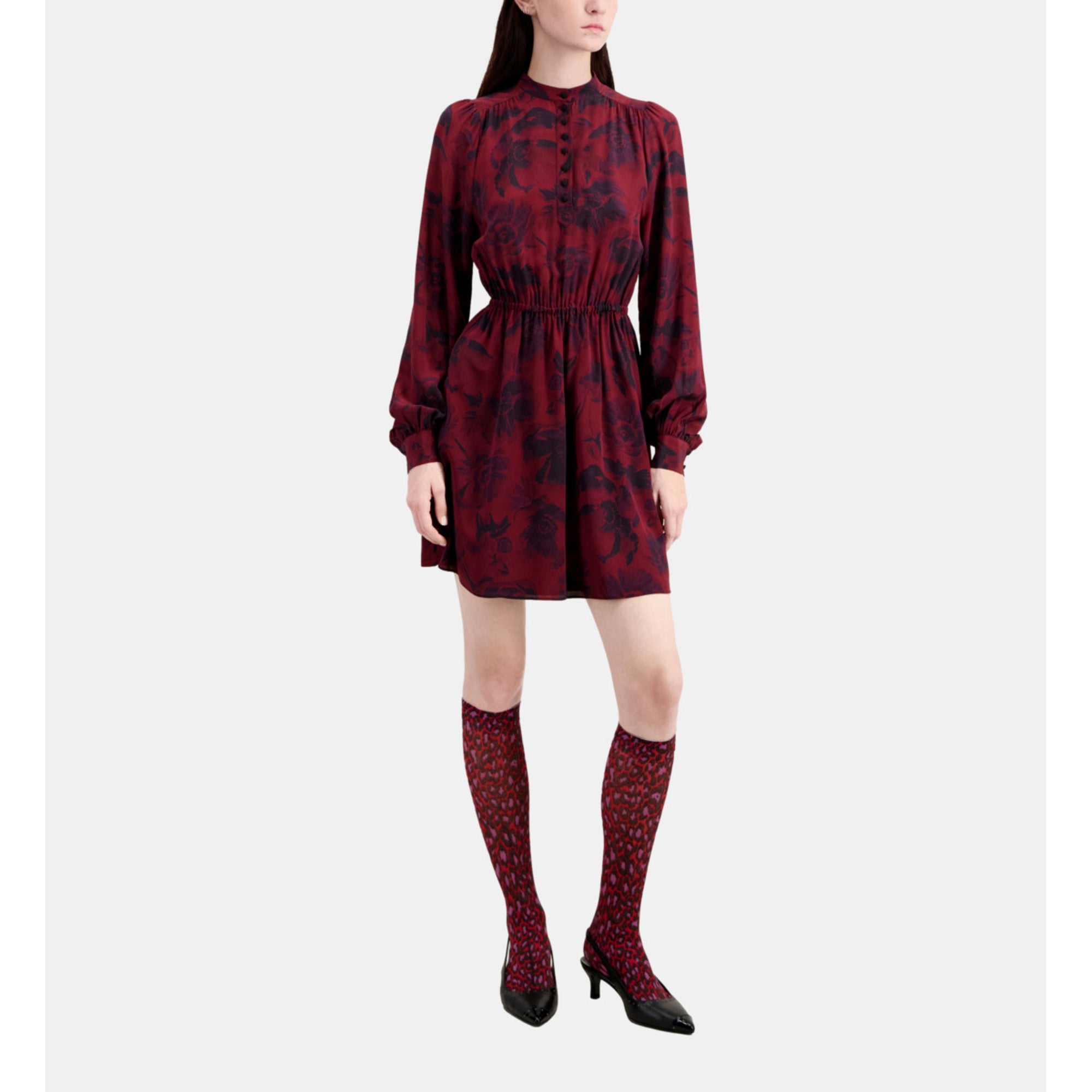 Short Printed Dress | Women | Black x Burgundy