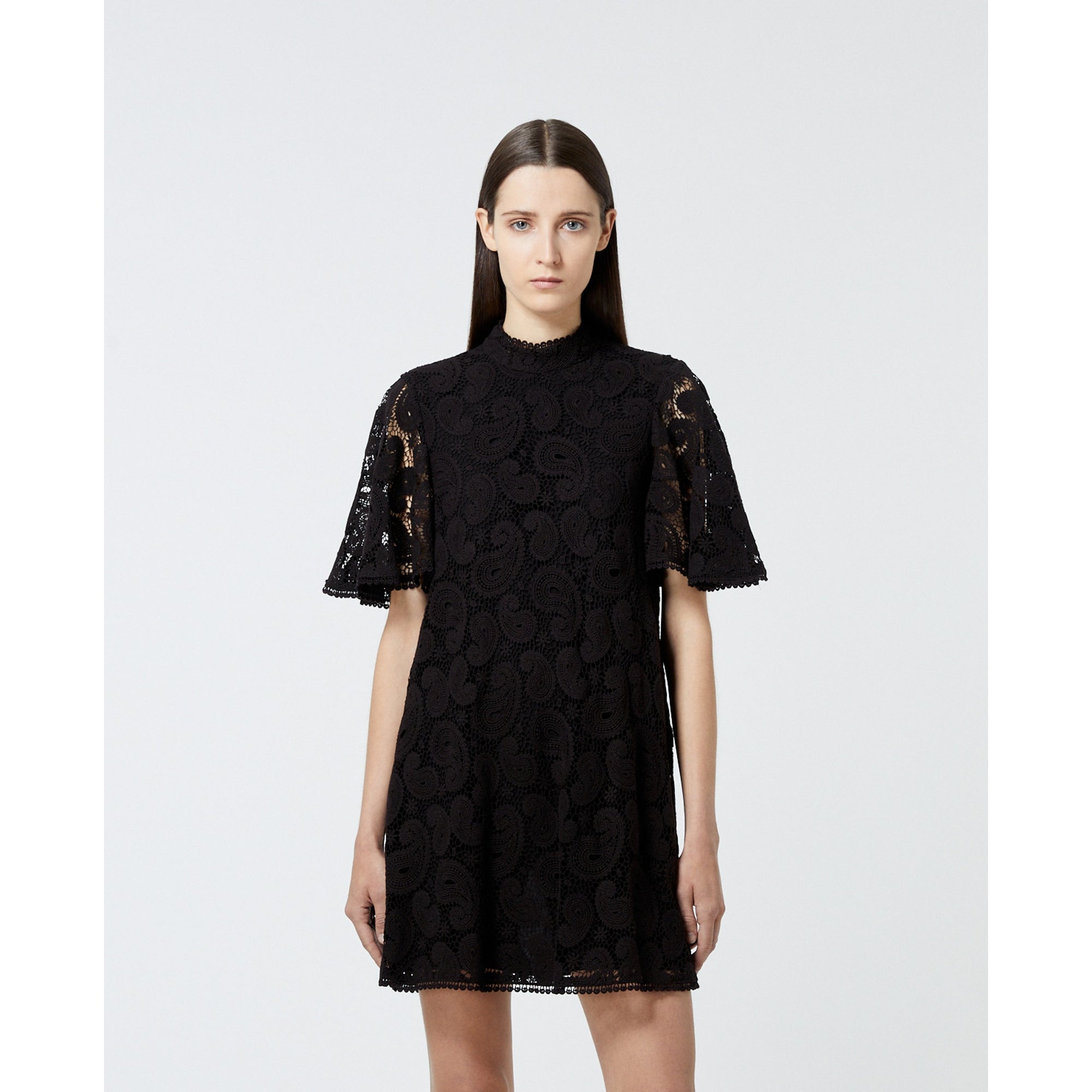 Short Printed Dress With Lace Frills | Women | Black