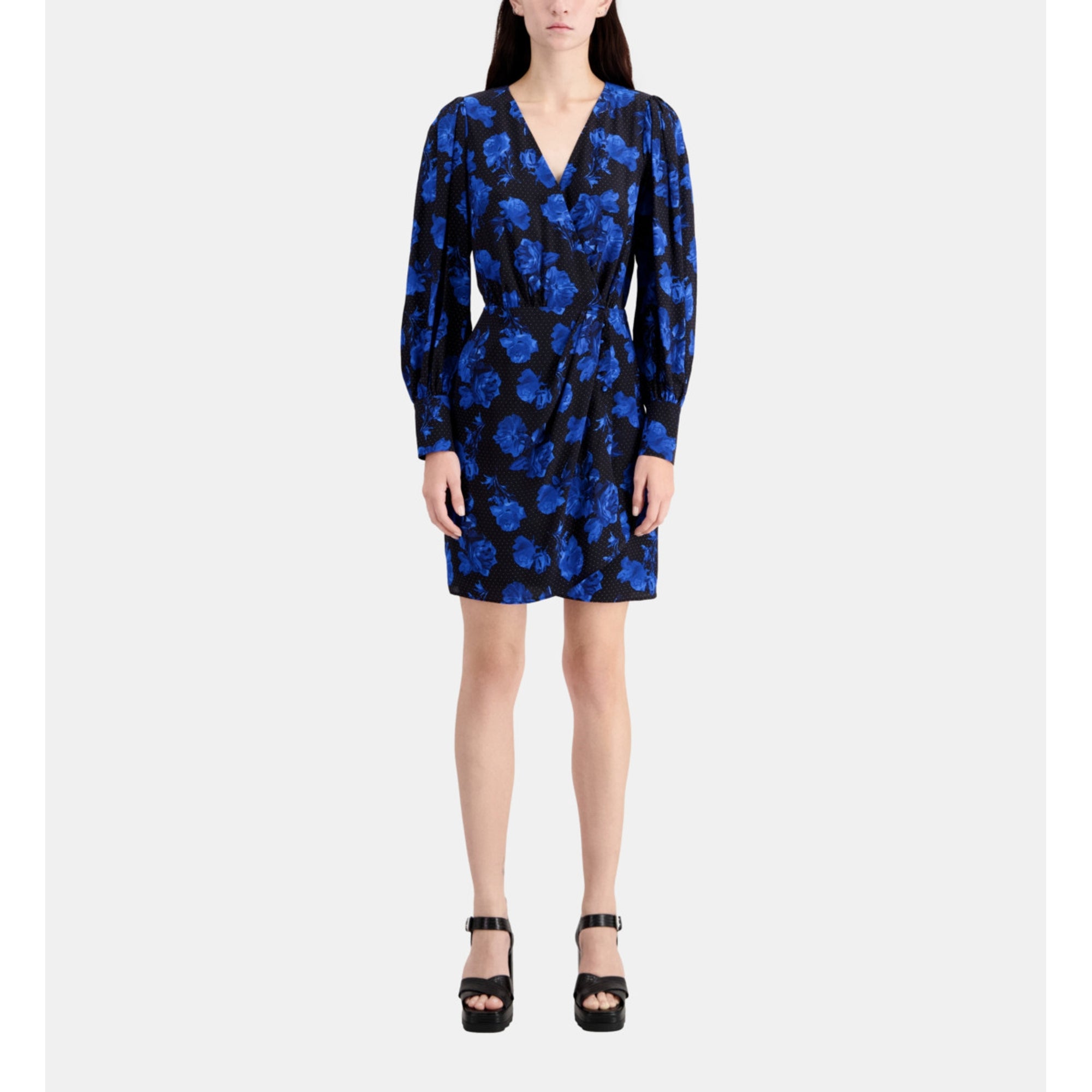 Short Printed Silk Wrap Dress | Women | Black Blue