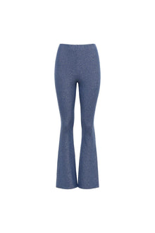Blue sparkle flare pants with high waist and wide flared legs.