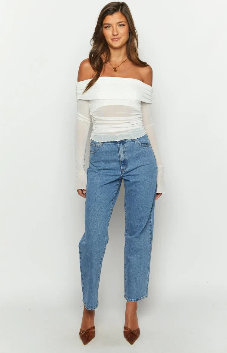 Sky Mesh Off Shoulder Top | White
