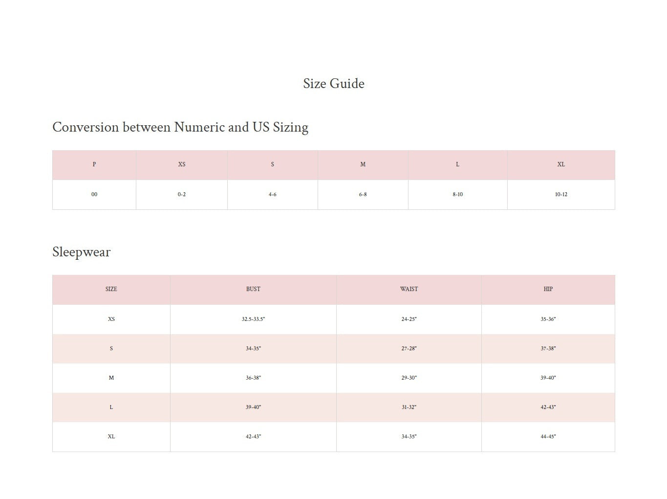 Product size guide