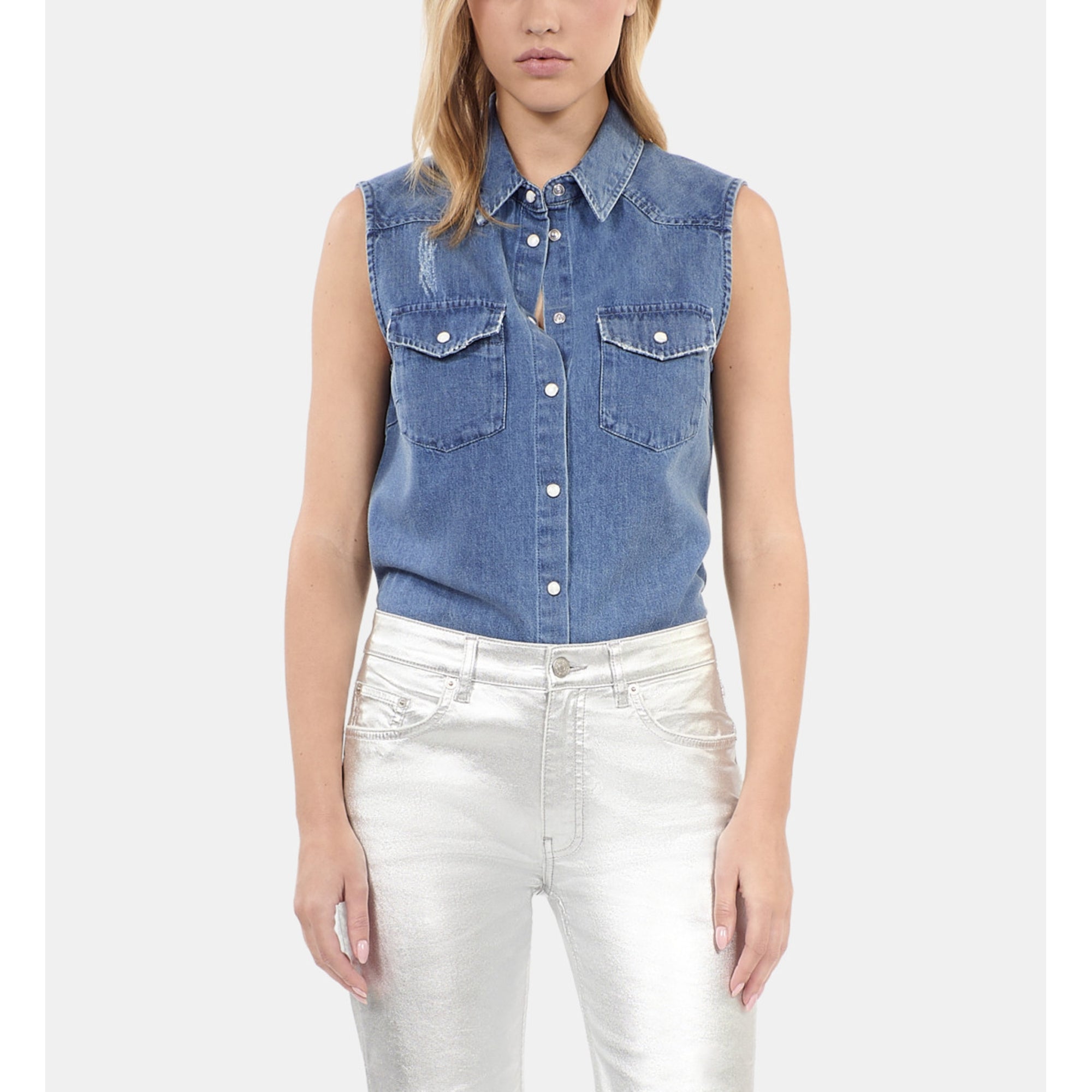 Sleeveless Blue Denim Shirt | Women | Rapiece