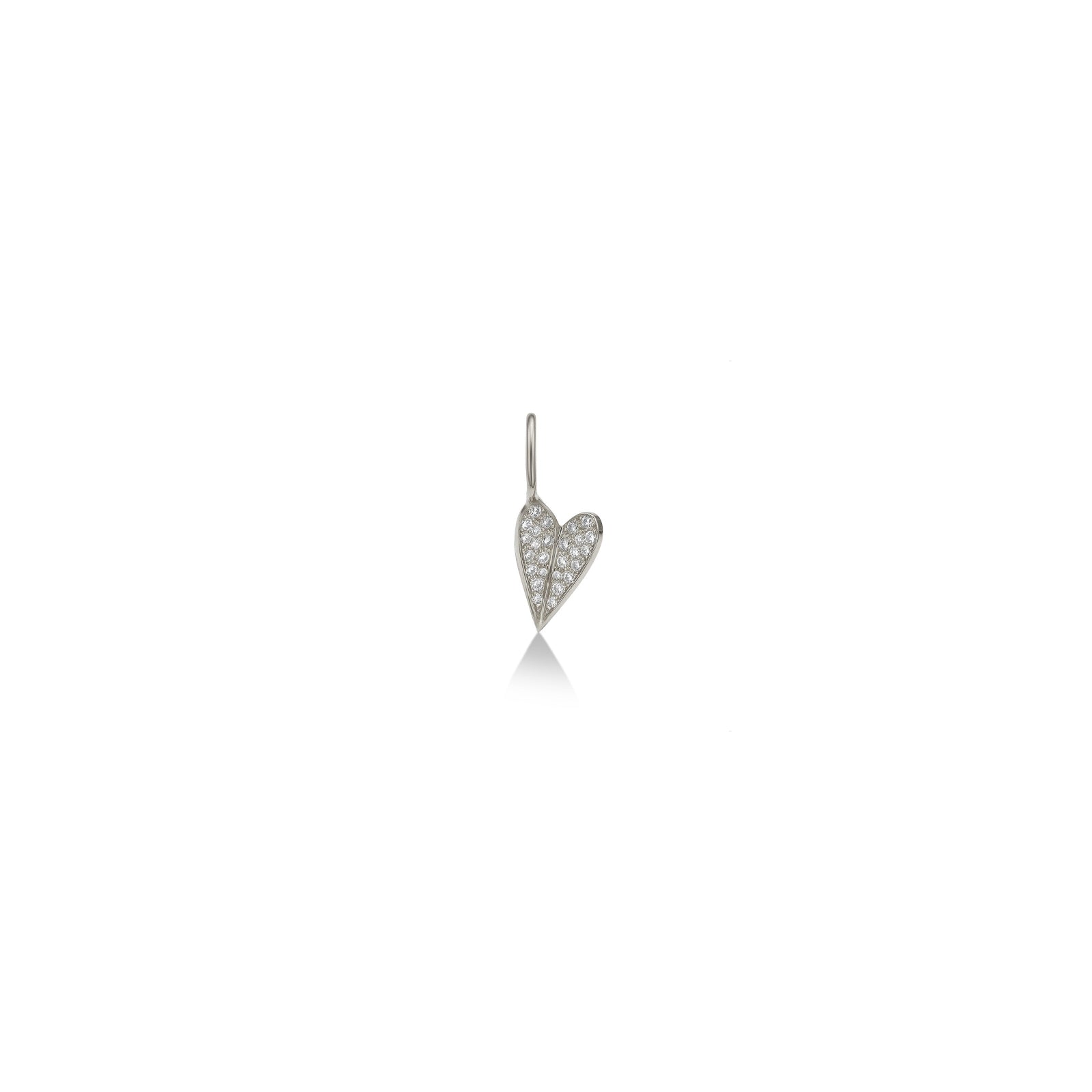 14K White gold Small Folded Heart Charm with Diamond Pavé on both folded ends. On a white background