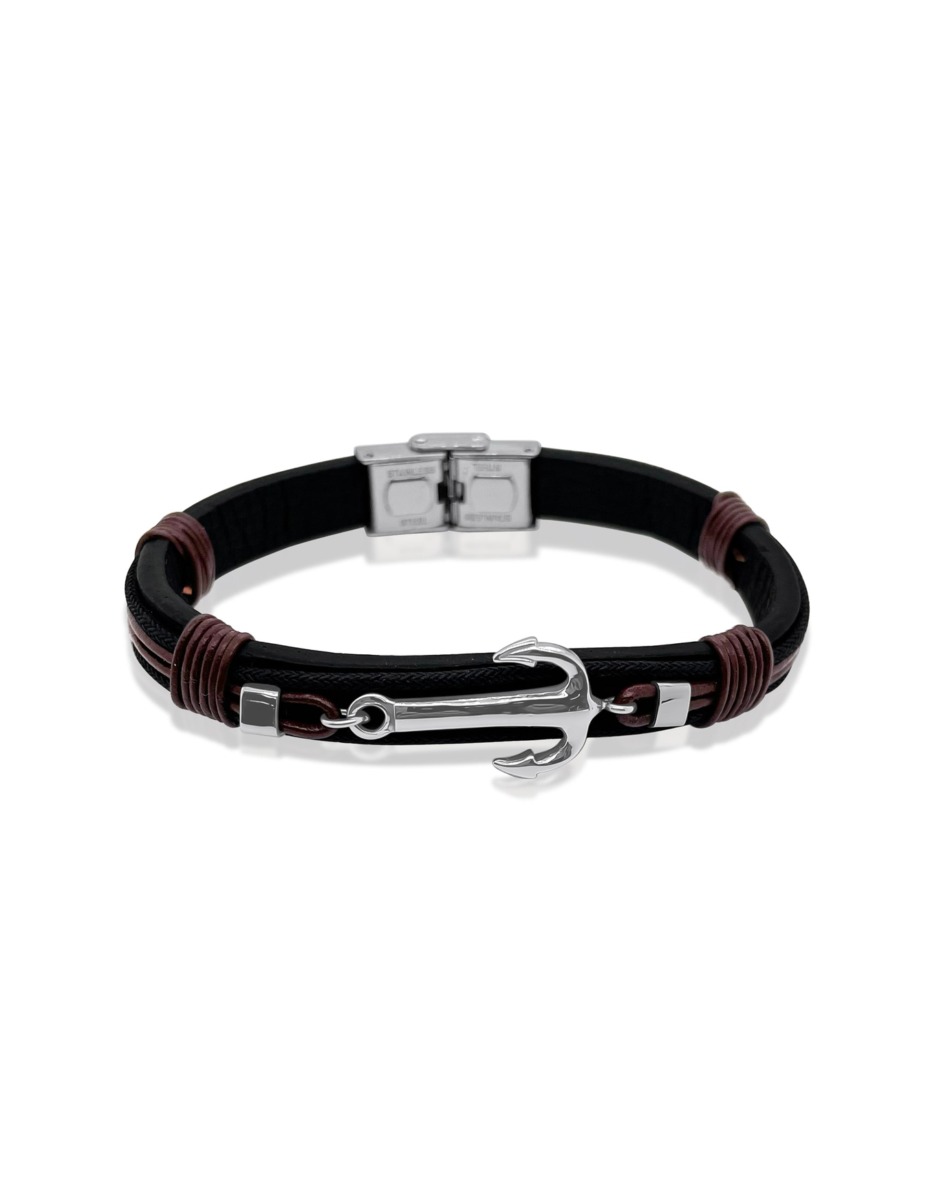 Stainless Leather Anchor Bracelet | Steel