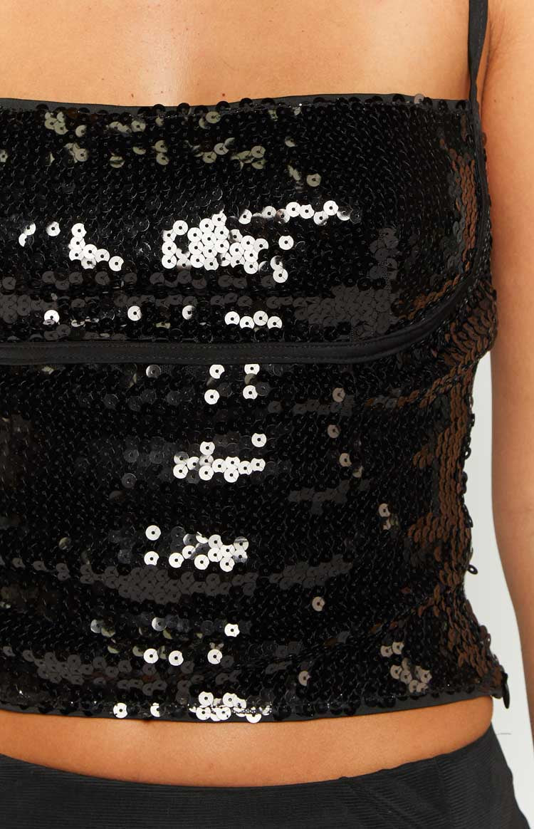 Stellar Sequin Low Back Top | Black