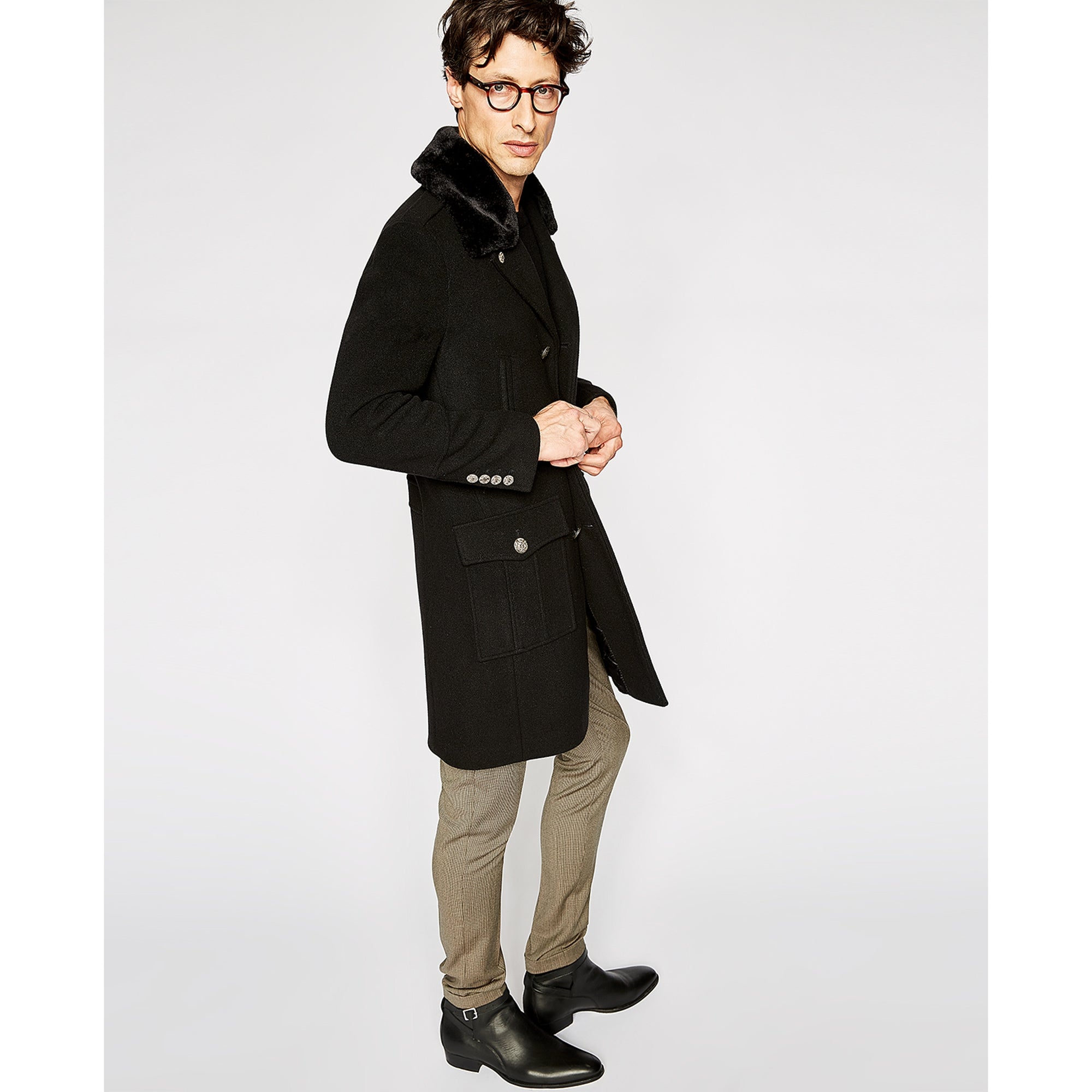 Straight Coat With Faux Fur Collar | Men | Black