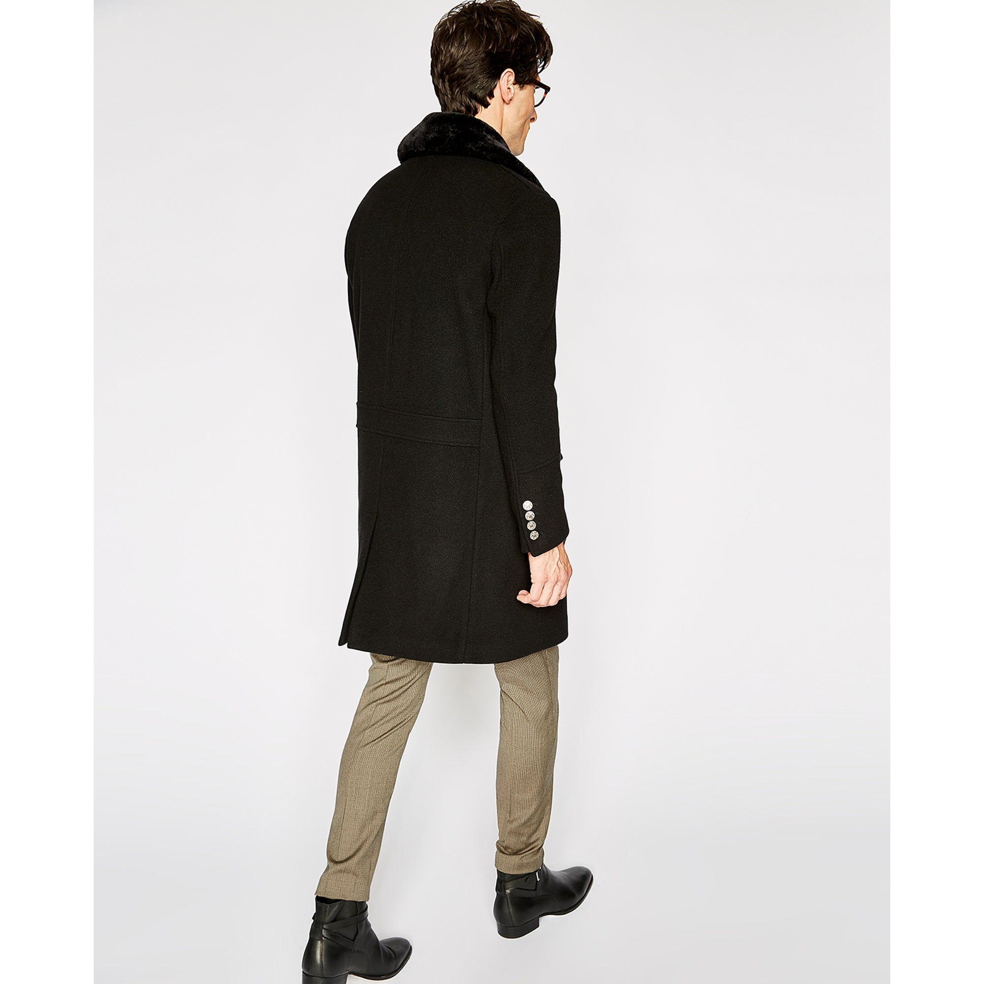 Straight Coat With Faux Fur Collar | Men | Black