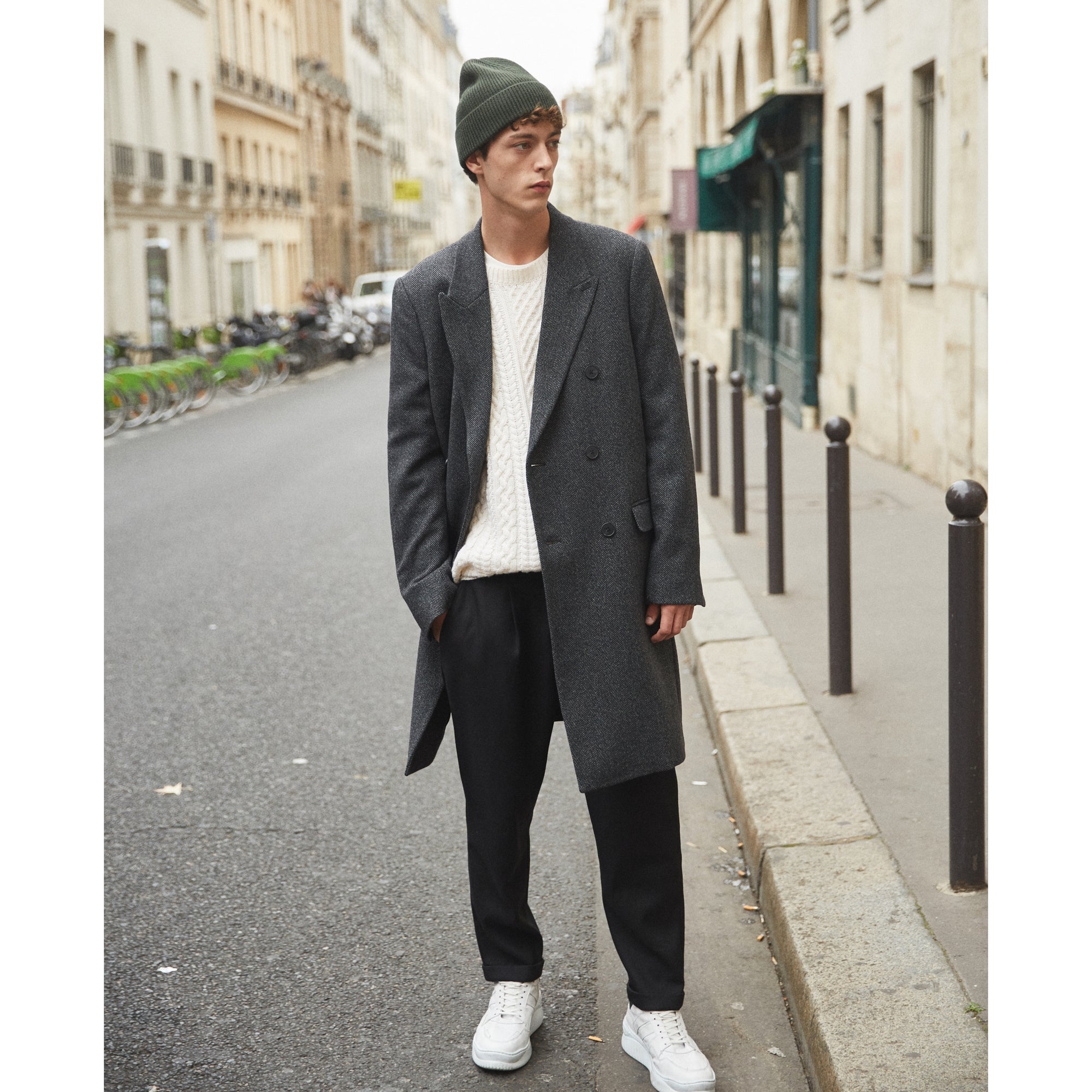 Straight-Cut Chevron Wool Coat | Men | Black Grey