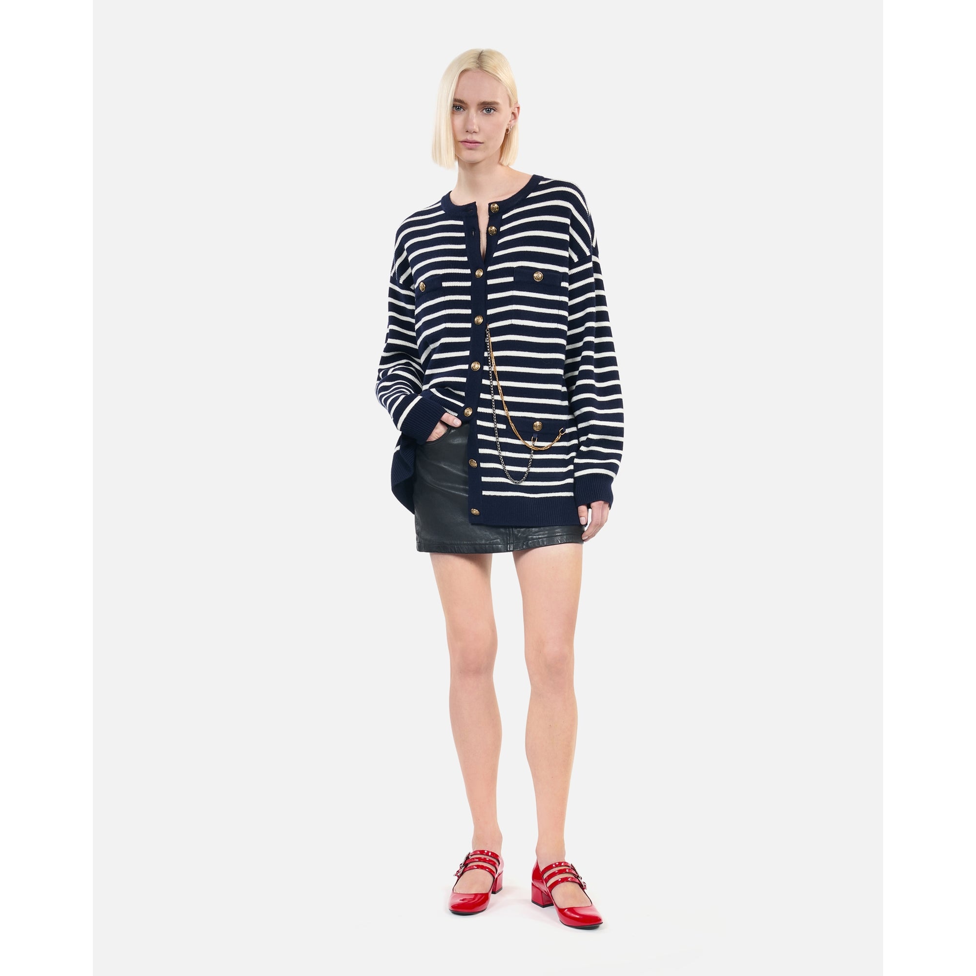 Striped Wool Cardigan | Women | White x Blue