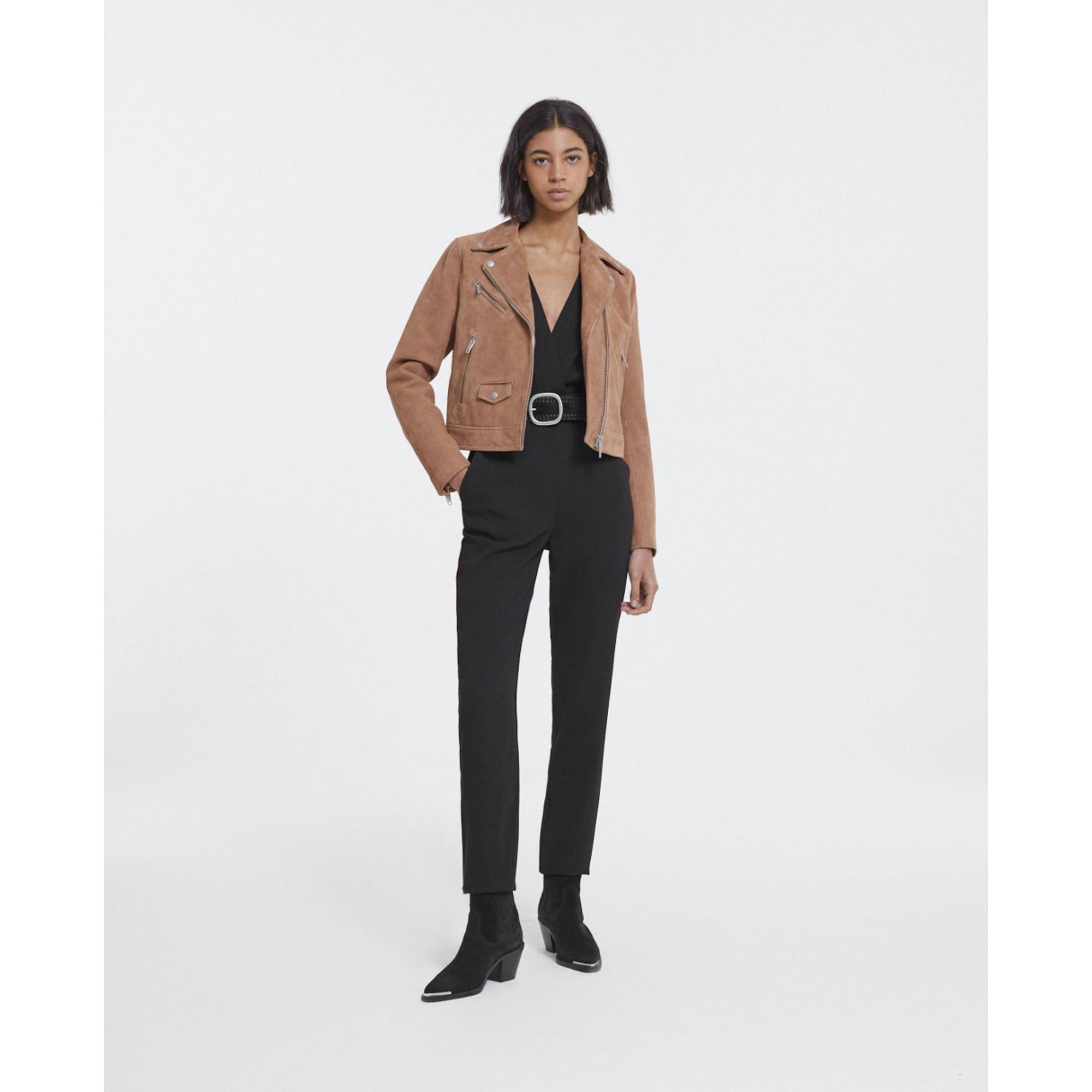 Suede Leather Zipped Biker Jacket | Women | Camel