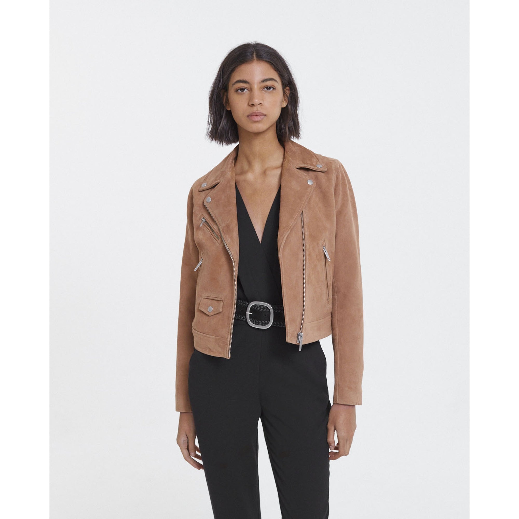 Suede Leather Zipped Biker Jacket | Women | Camel