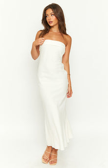 Cream strapless midi dress with a folded-over neckline and a subtle flared hem