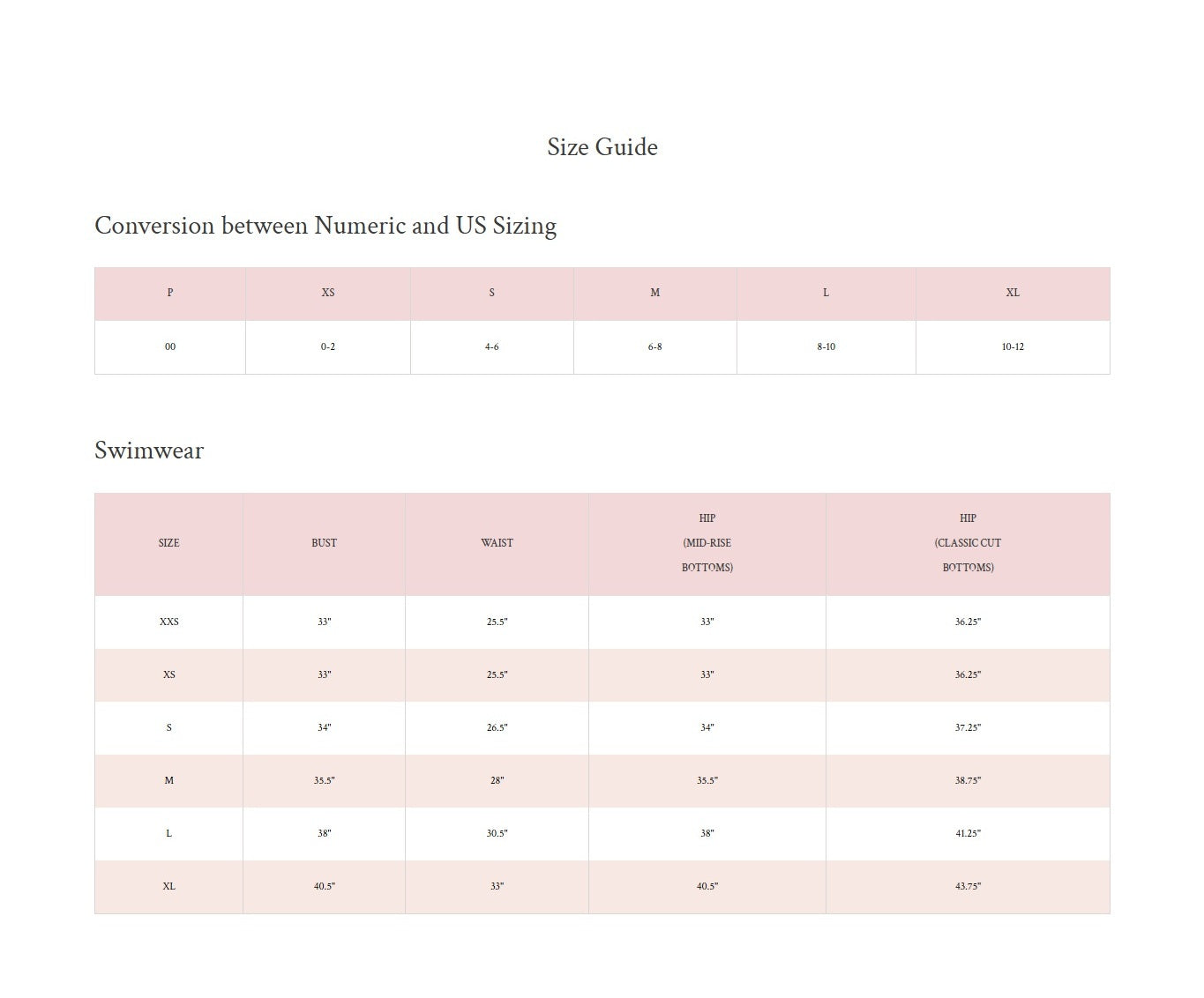 Product size guide