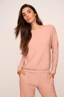 Model is wearing Softest Sweats Boat Neck Pullover  in  Velvet Pink
