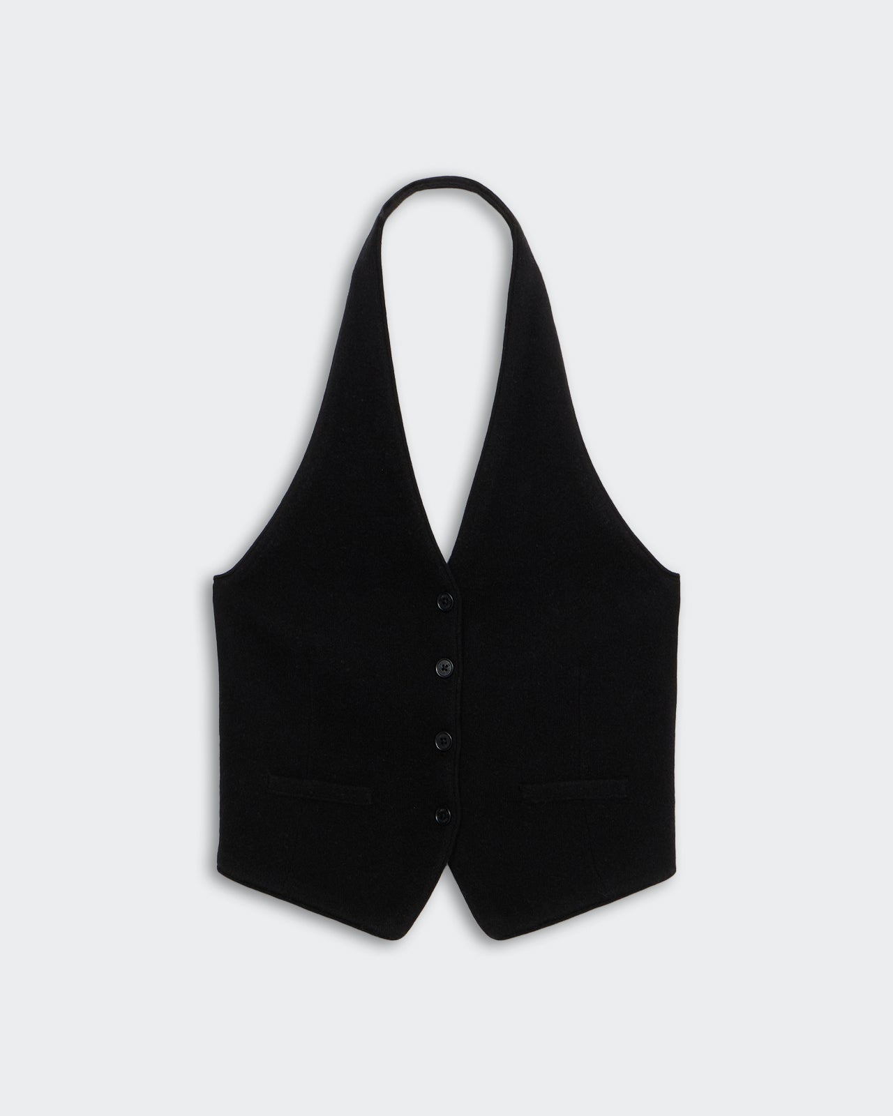 Tailored Halter Vest - Black mid-weight fitted cashmere vest with front buttons and adjustable back strap buckle.