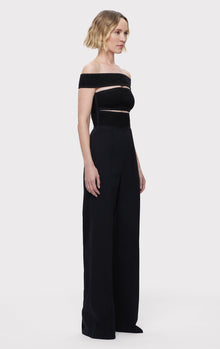 Textured Lurex Off Shoulder Jumpsuit | Metallic Black