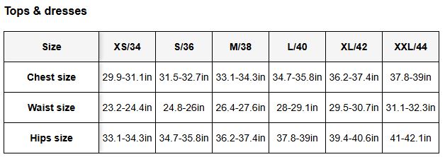 Product size guide