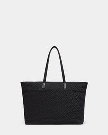 The LIVORNO - L325007 Black by Rudsak is a large black tote with two shoulder straps and an embossed interlocking letter pattern, showcased against a plain light background.