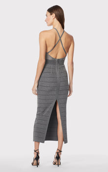 Textured Sheer Bustier Halter Gown | Charcoal