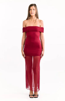 Tabitha Off Shoulder Mesh Maxi Dress | Wine