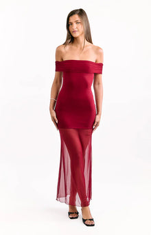 Tabitha Off Shoulder Mesh Maxi Dress | Wine