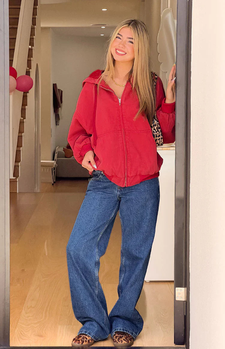 Tate Oversized Hooded Jacket | Washed Red