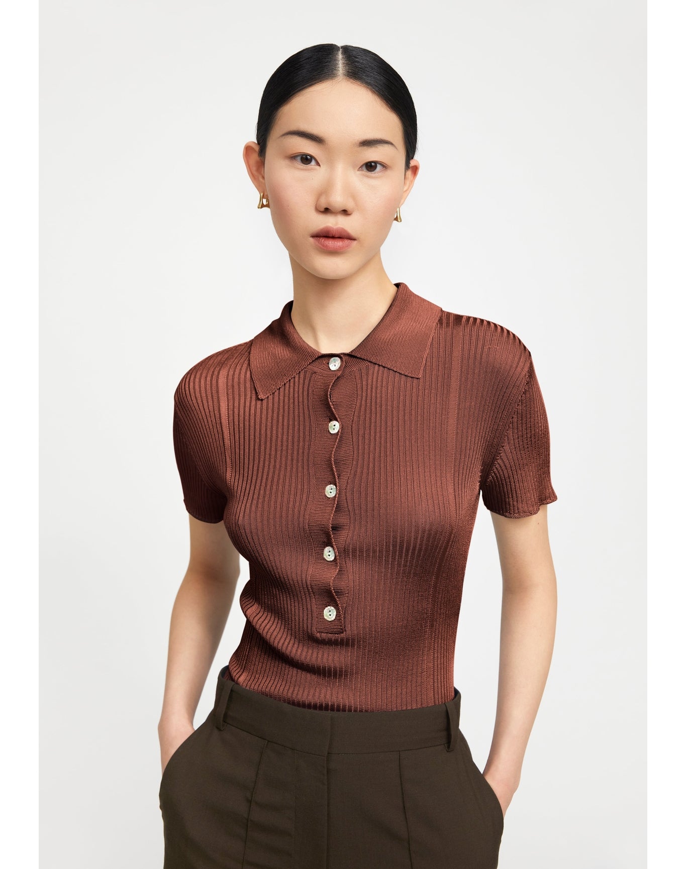 Tate | Ribbed Polo Top | Chocolate