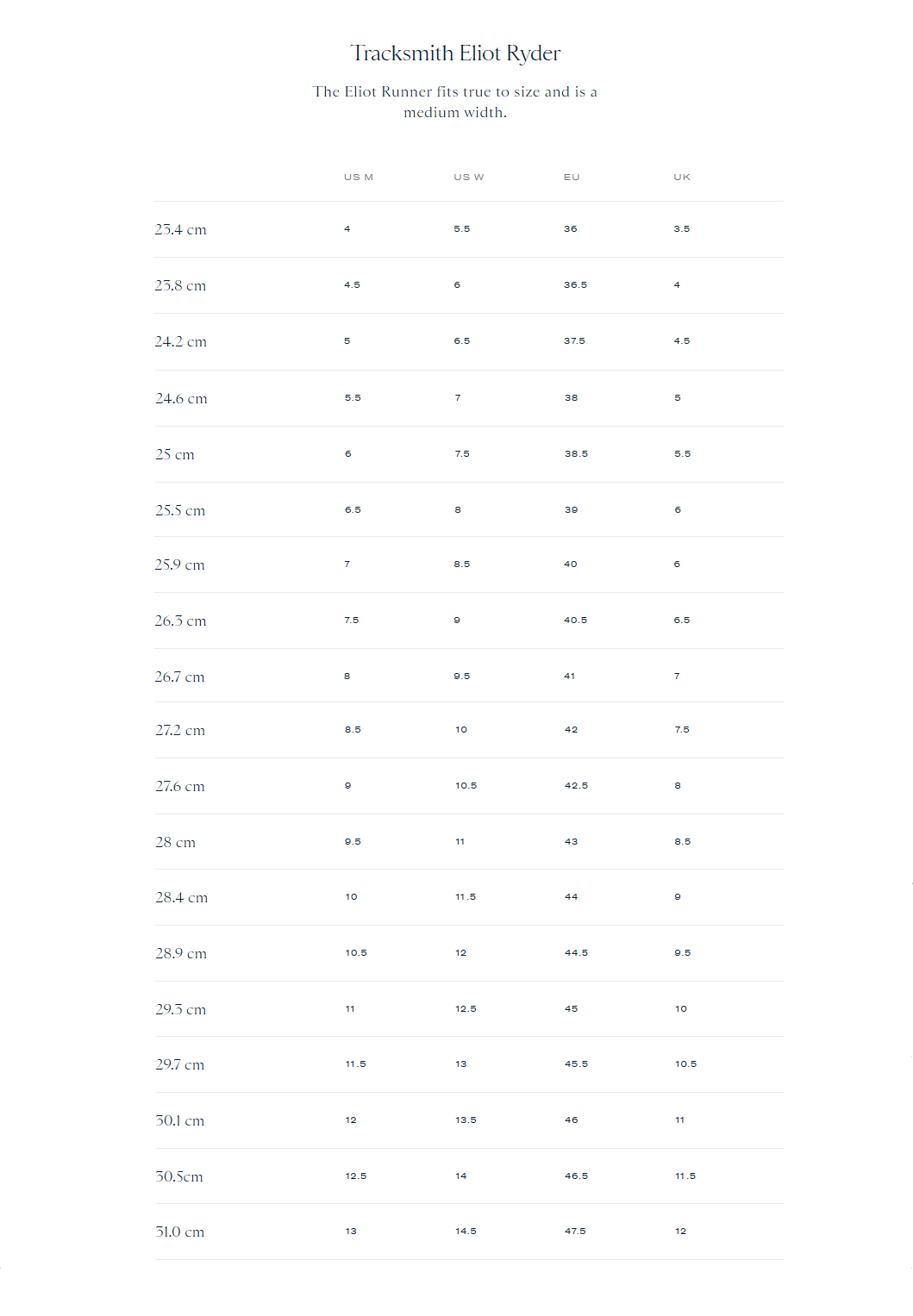 Product size guide