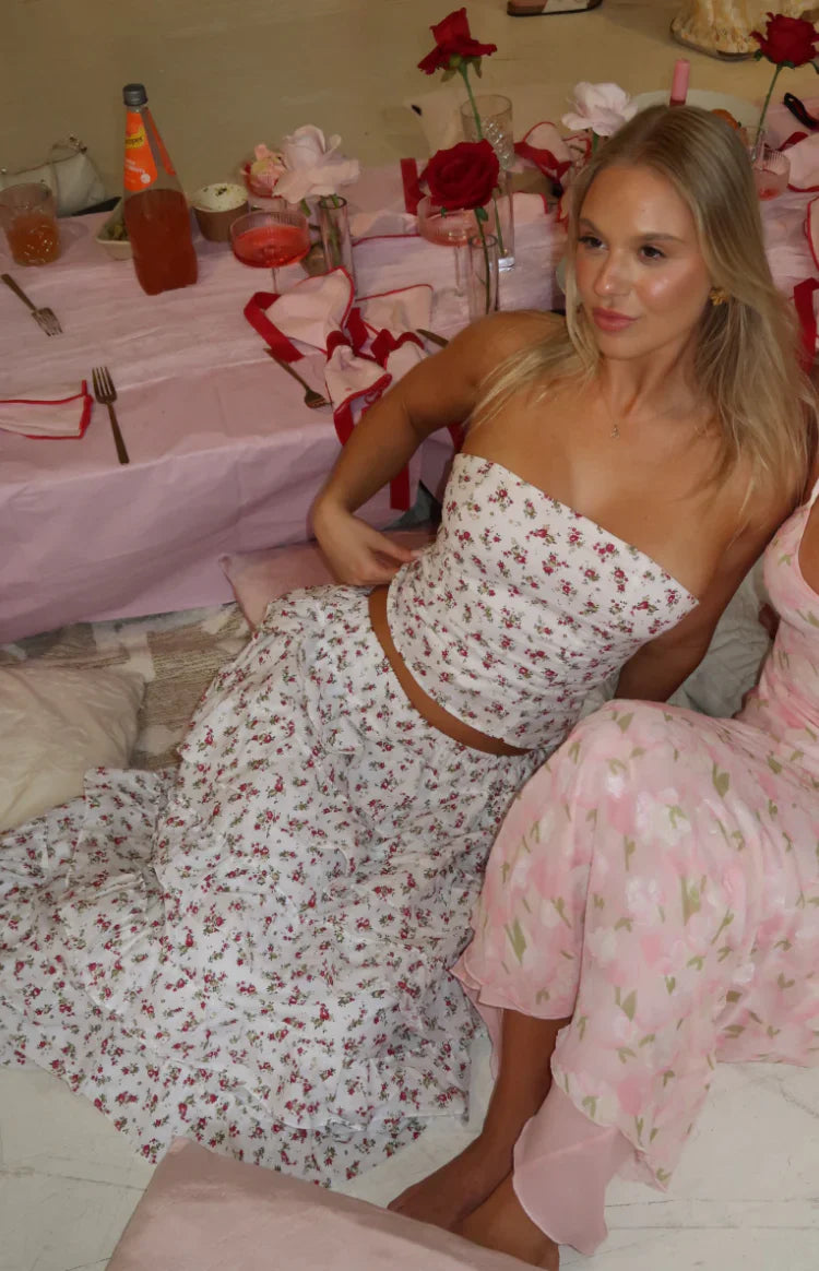 Paisley Floral Strapless Top | White