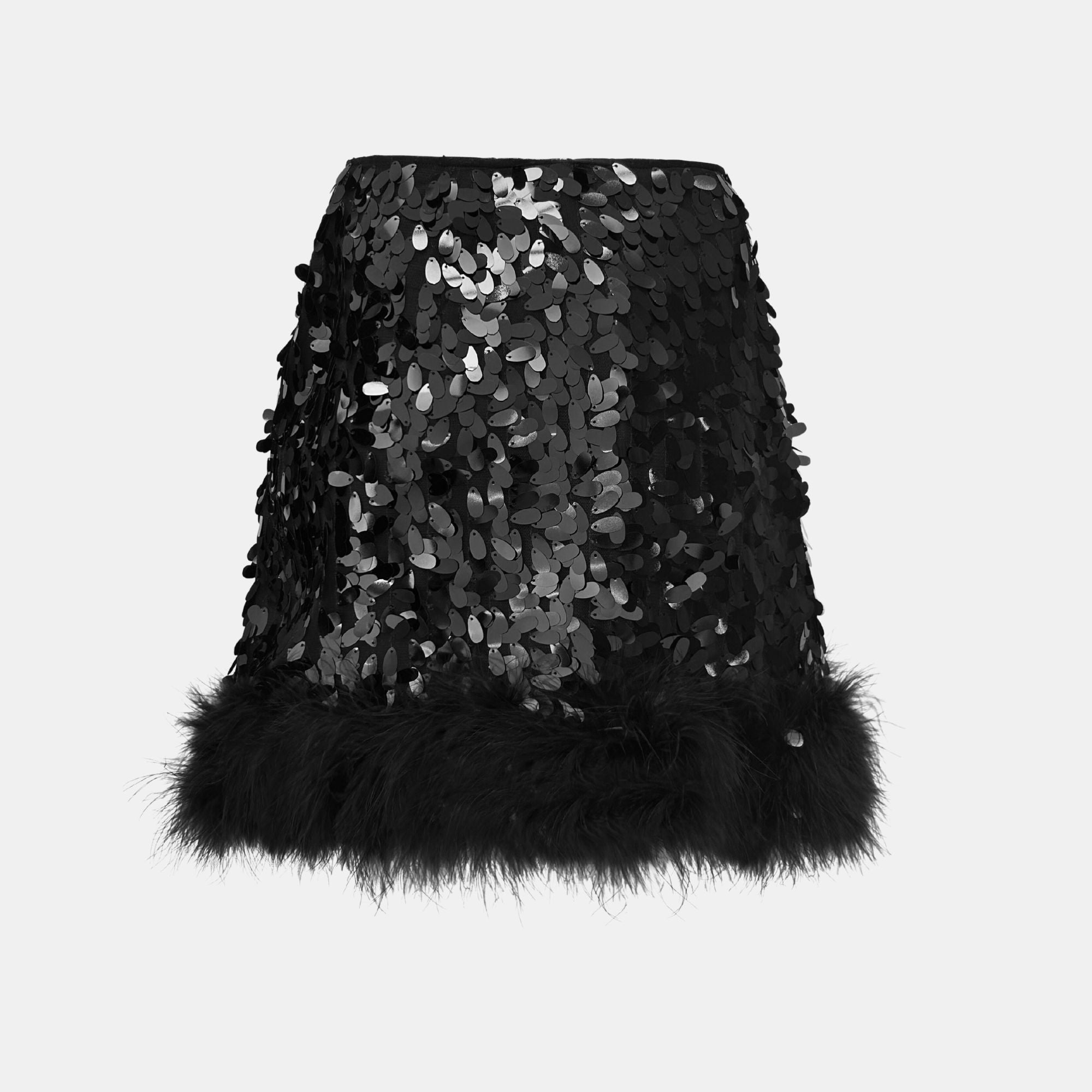 OW Collection VIRGO Sequin Feather Skirt Skirt 002 - Black Caviar