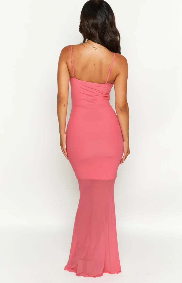 Veronica Mesh Ruched Maxi Dress | Pink