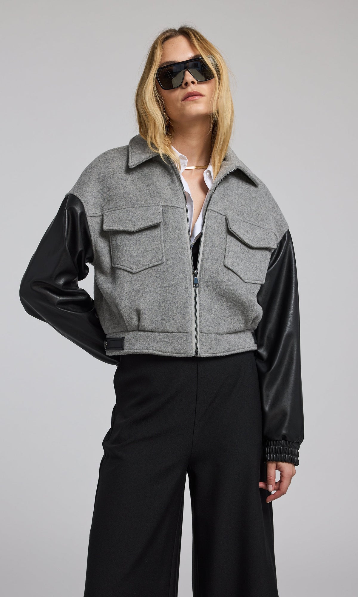 Caspian Wool Vegan Leather Combo Bomber | Grey Melange/Black