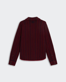 Dylan Stripe Shirt - Ruby Combo shown from the back with red and black vertical stripe pattern and buttoned cuffs.
