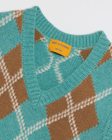 Argyle Vest - Glacier Combo with V-neck and turquoise, brown, and white argyle pattern knit design close-up.