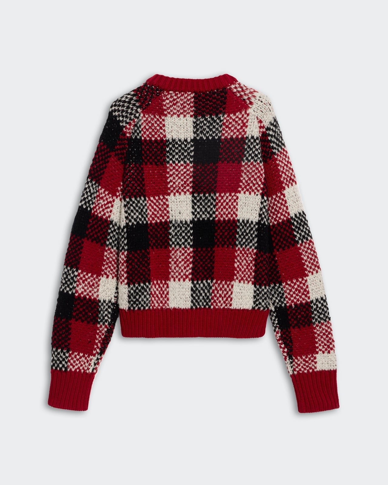 Buffalo Plaid Cardigan - Ruby Combo showing red, black, and white checkered pattern with long sleeves and ribbed cuffs.