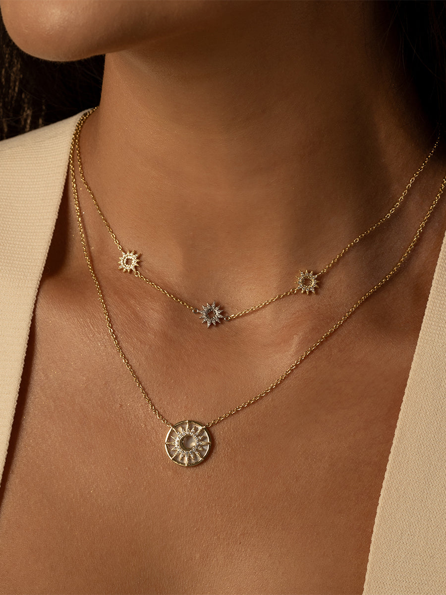 Sunlit Crescent Necklace | Mother of Pearl/5A Grade Cubic Zirconia | 14K Gold Plated Brass