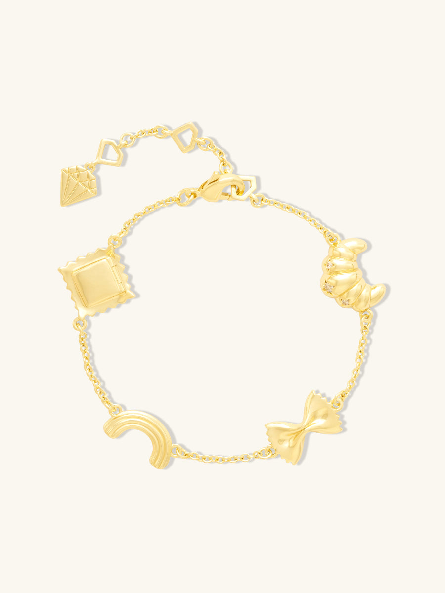 Food Party Charm Bracelet | 5A Grade Cubic Zirconia | 14K Gold Plated Brass