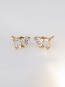 Heart Baguette Duo Stud Earrings | 5A Grade Cubic Zirconia | 14K Gold Plated Brass