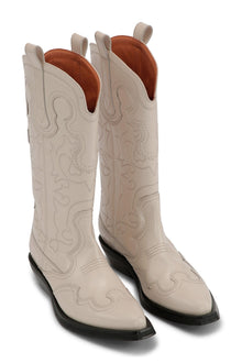 White Mid Shaft Embroidered Western Boots | Egret