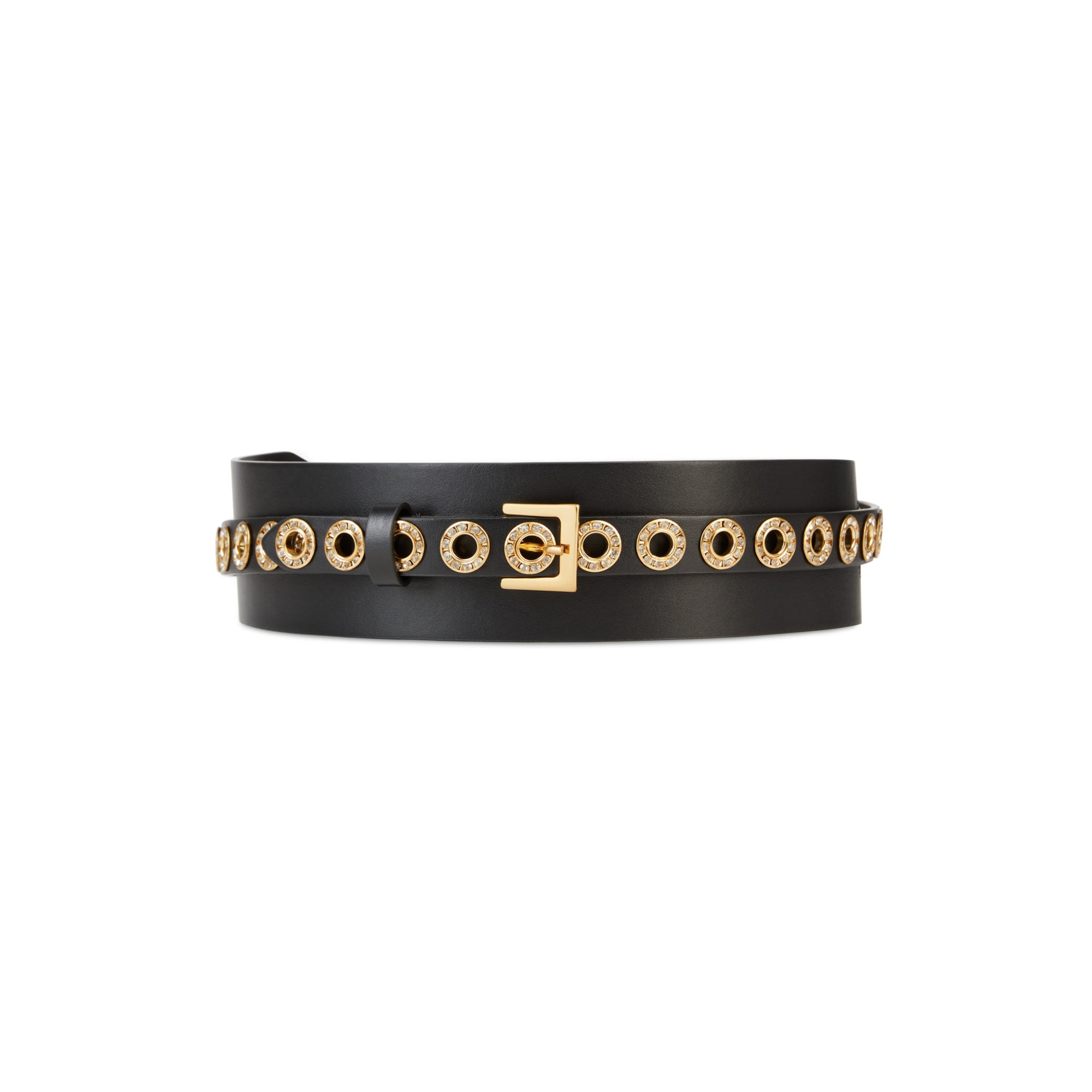 Wide Leather Belt With Eyelets And Rhinestones | Women | Black