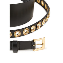 Wide Leather Belt With Eyelets And Rhinestones | Women | Black