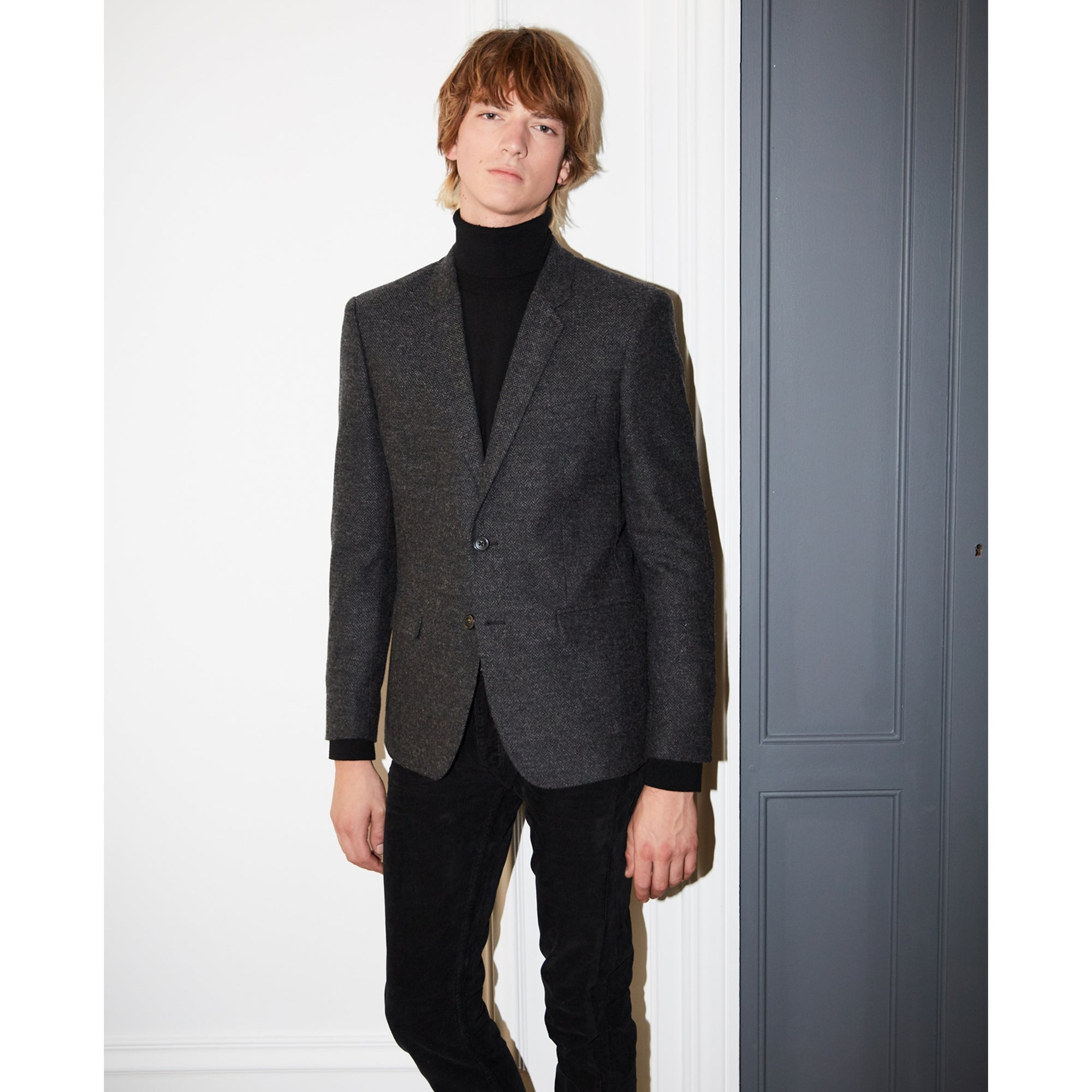 Wool Blazer With Herringbone Motif | Men | Black Grey