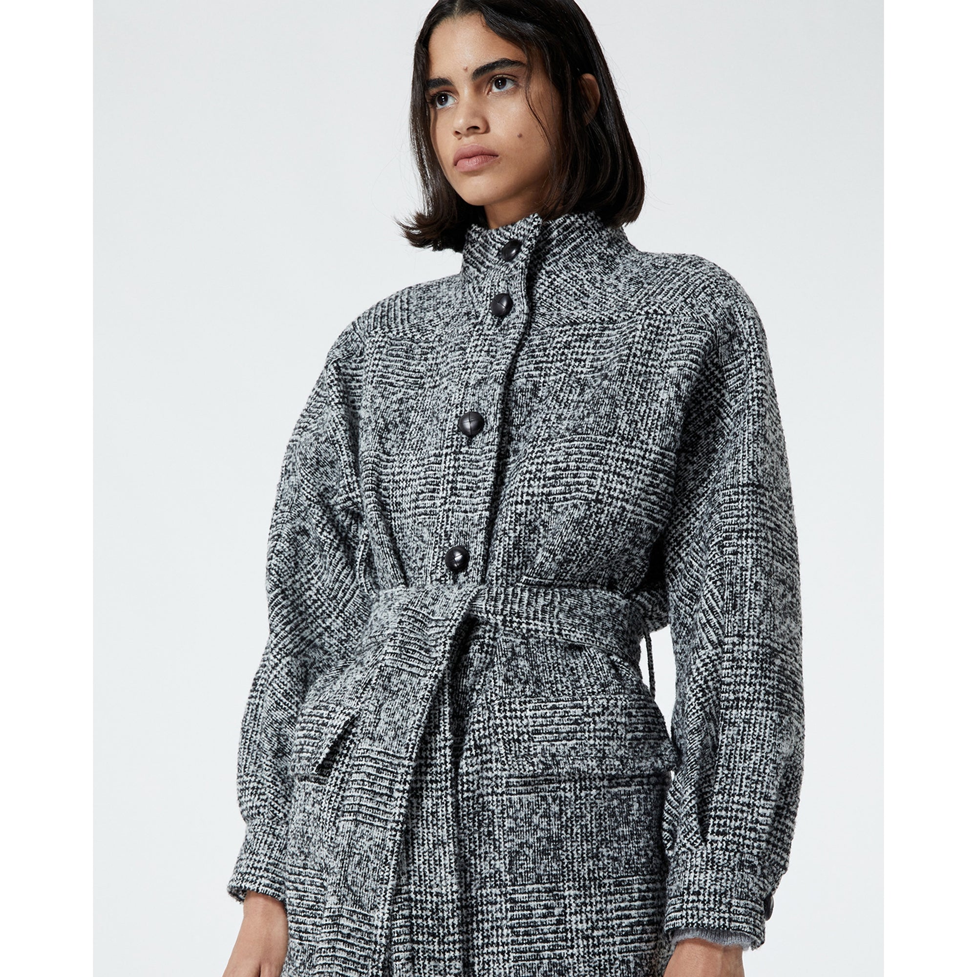 Wool Coat With High Neck | Women | Black x Ecru